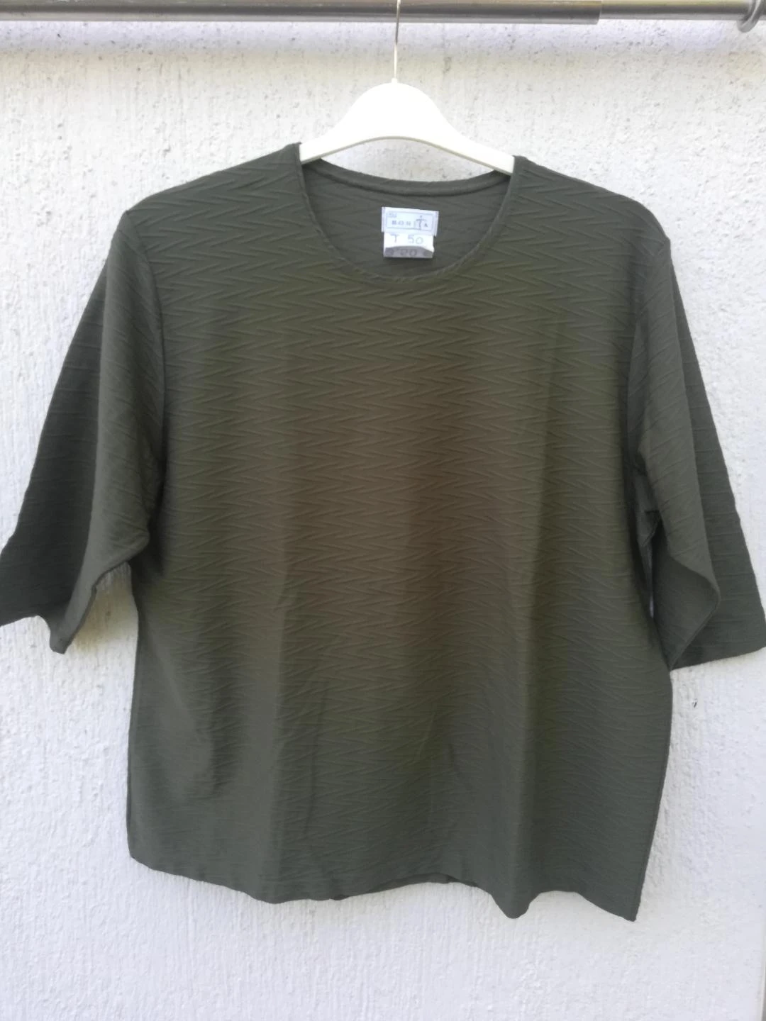 Tunique gaufrée Vert Sapin manches 3/4 étiquette indiquant T.XL